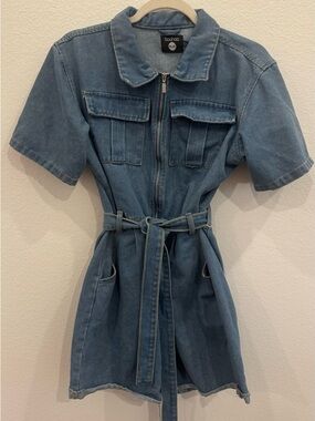 Boohoo Light Blue Denim Romper with Zipper